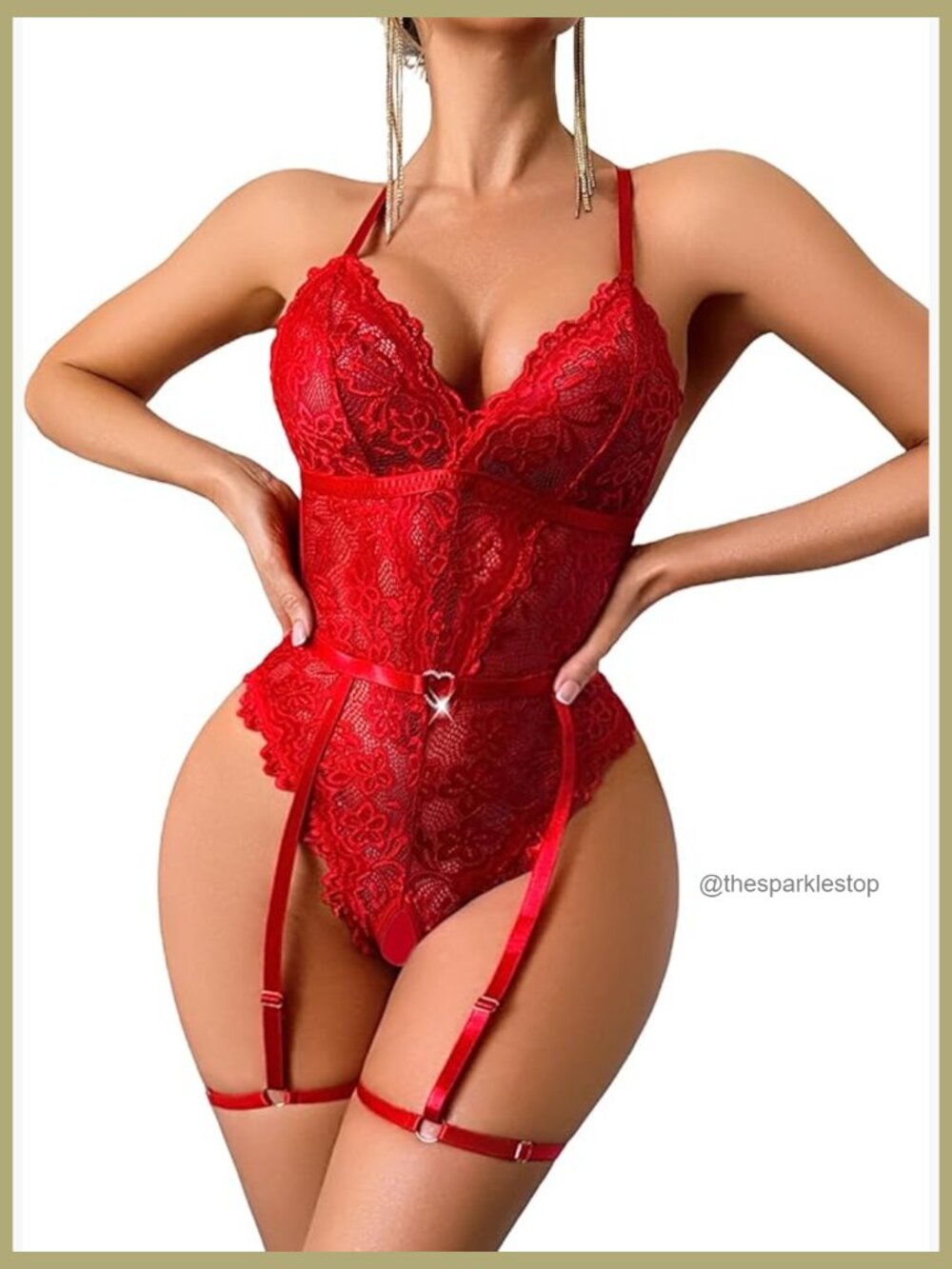 Sexy Lace V Neck Teddy Corset Bodysuit Lingerie Set with Garter Belt